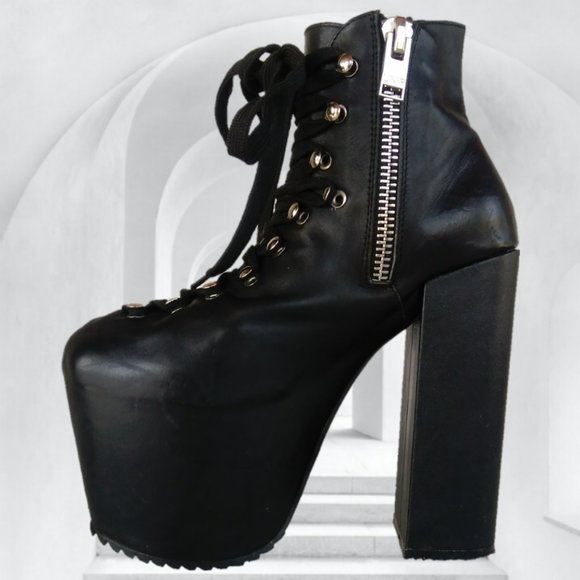 UNIF 7 BLACK LEATHER HELLHOUND PLATFORM BOOTS goth club dance Halloween U.N.I.F. - Picture 8 of 16